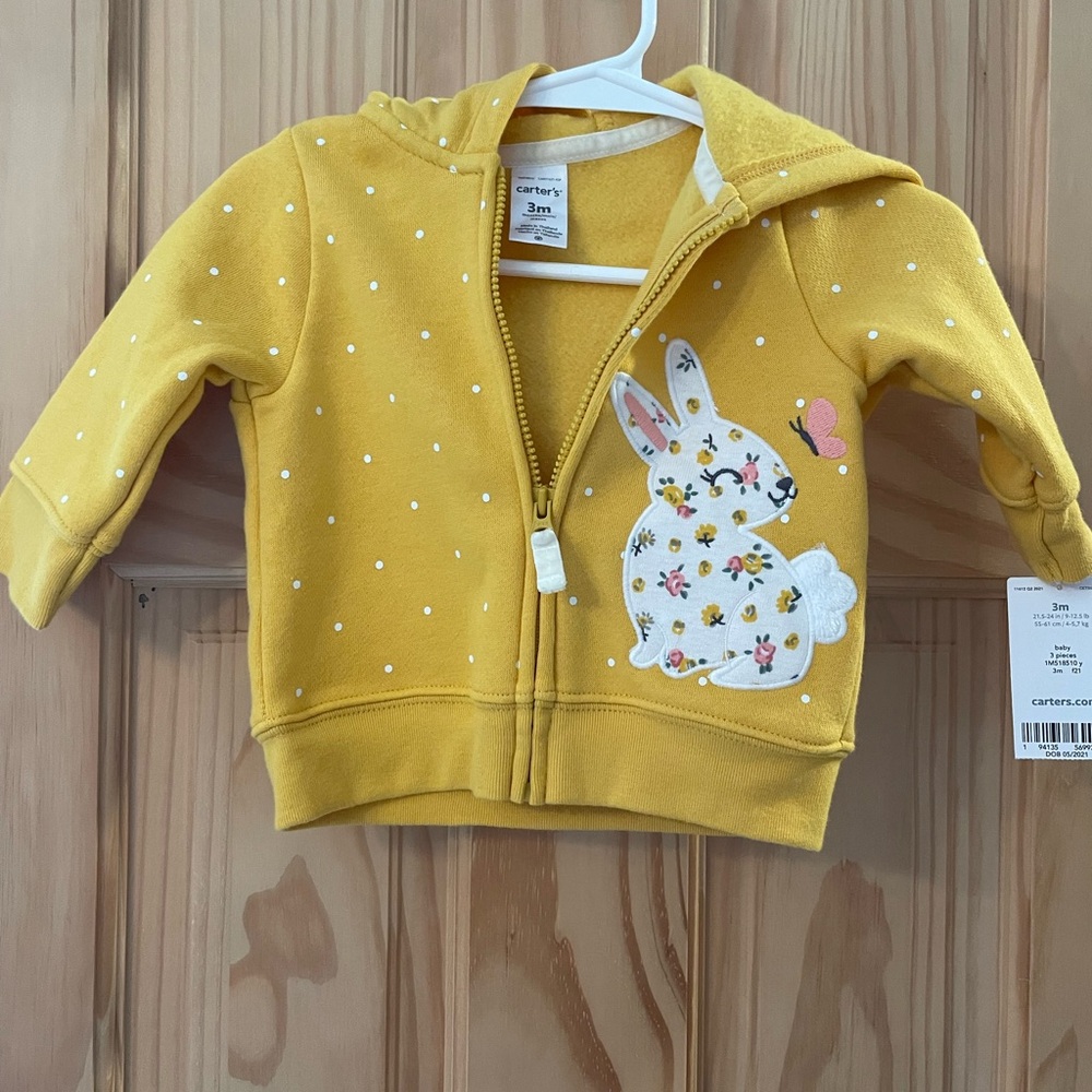 Carter's Yellow Bunny Polka Dot Print Kids Hoodie 3mo NWT